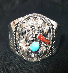 Sterling Silver Cuff Bracelet with Sleeping Beauty Turquoise and Italian Coral