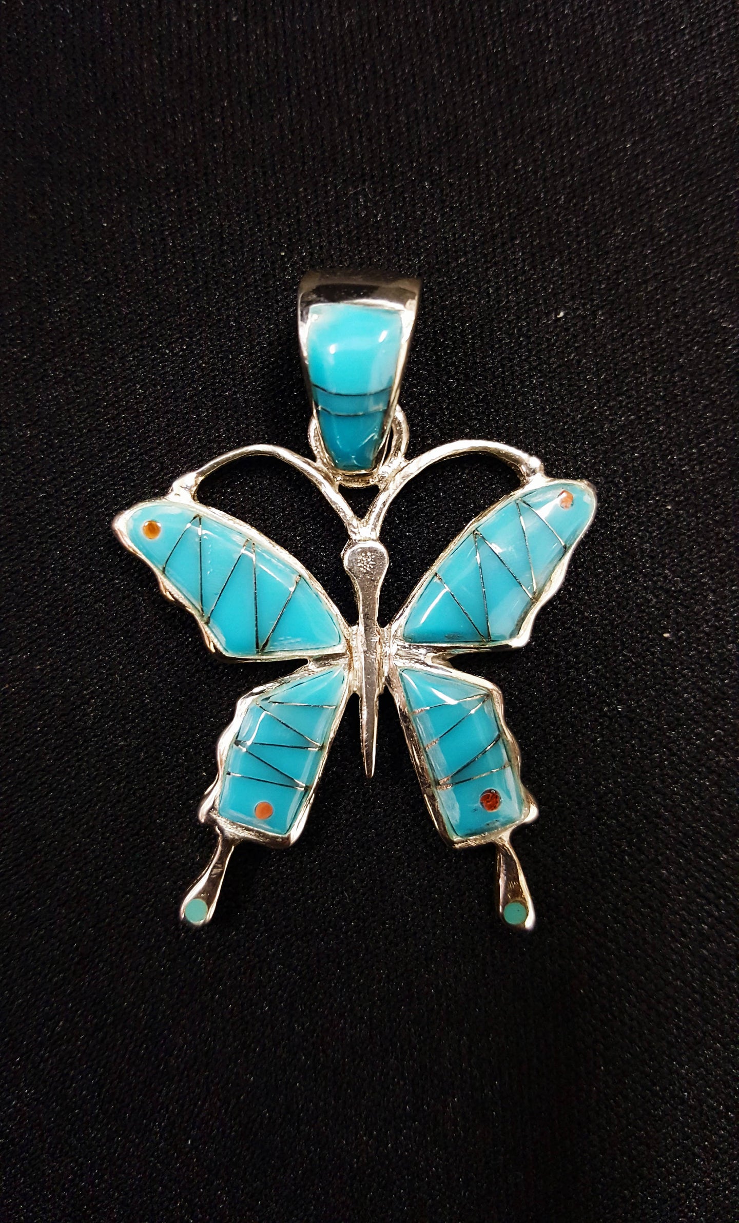 southwest inlay turquoise butterfly pendant - sterling silver