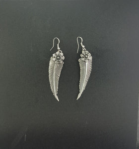 Navajo feather leaf flower dangle earrings-sterling silver