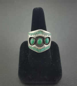 Vintage Navajo Shadow Box deep green turquoise sterling silver mens ring - size 12