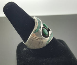 Vintage Navajo Shadow Box deep green turquoise sterling silver mens ring - size 12