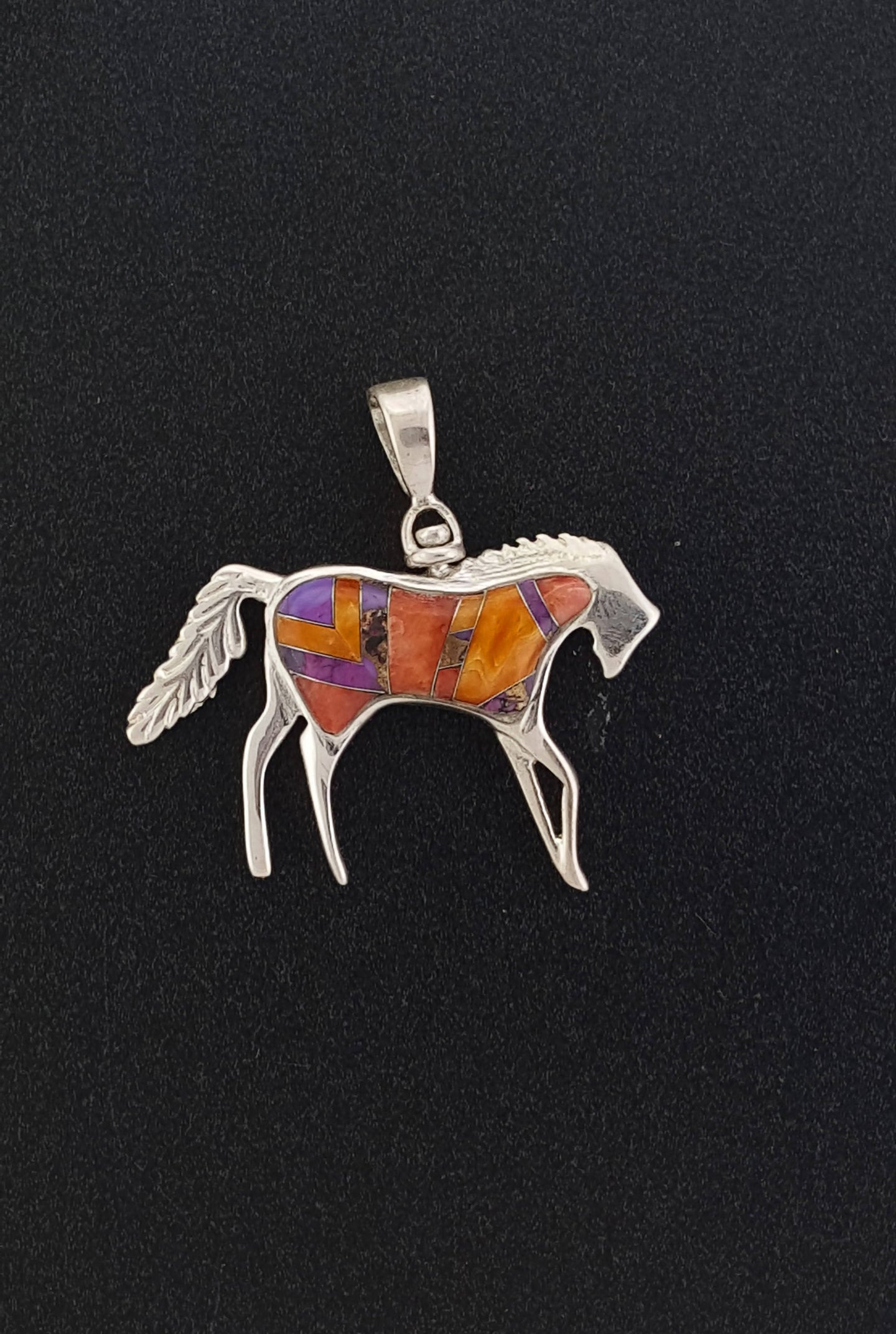 Reversible Inlay turquoise and multi-stones Horse Pendant- sterling silver