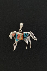 Reversible Inlay turquoise and multi-stones Horse Pendant- sterling silver