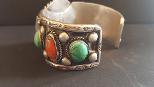 1921 Morgan Silver Coin Kingman turquoise Coral sterling silver cuff bracelet - vintage