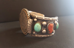 1921 Morgan Silver Coin Kingman turquoise Coral sterling silver cuff bracelet - vintage