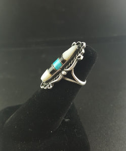 Navajo Mother of Pearl Turquoise Black Onyx sterling silver ring - size 5 - vintage