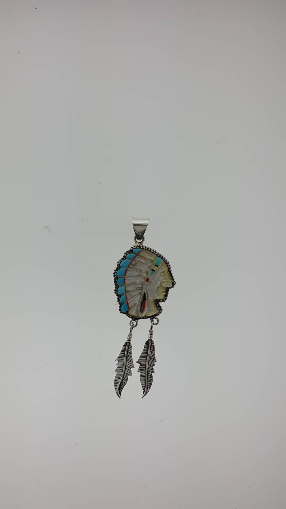 Navajo Native American Headdress shells carving with turquoise inlay feather Sterling Silver pendant and silver ring