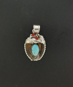 NAVAJO turquoise coral badger claw Sterling silver pendant