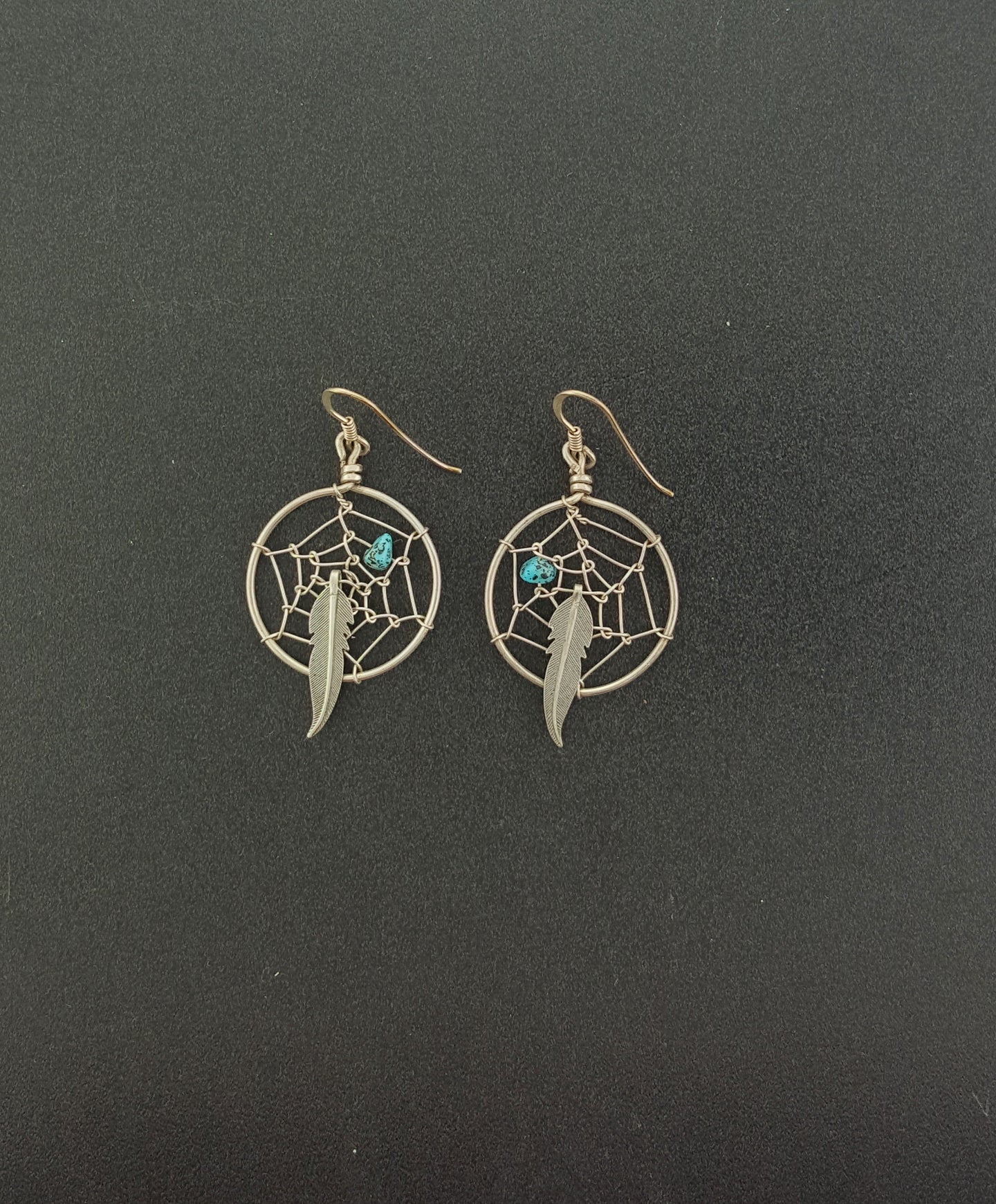VINTAGE big Dream catcher Feather Kingman turquoise sterling silver dangle earrings