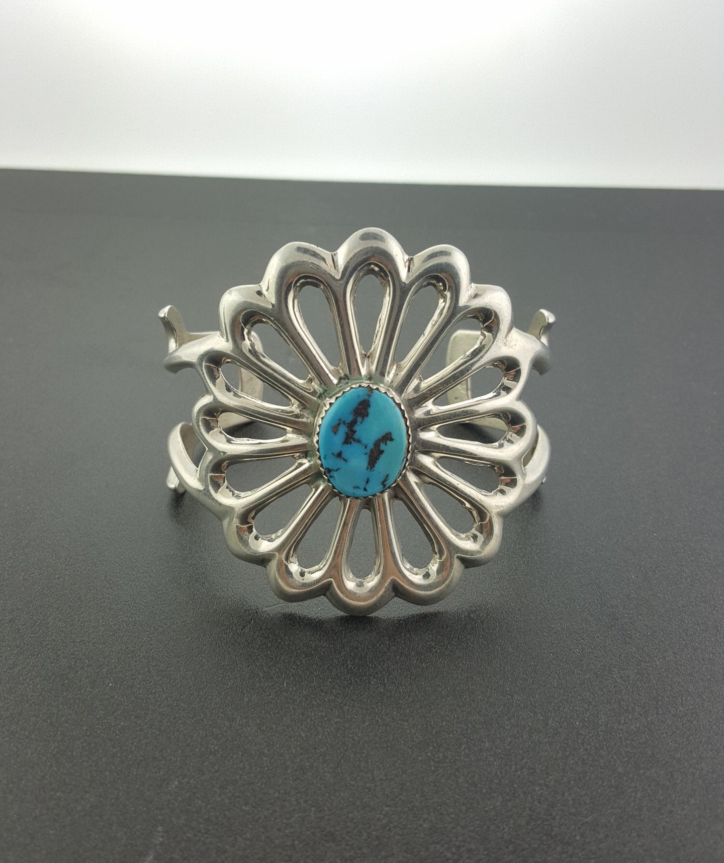 Big sterling silver flower cuff bracelet with Kingman turquoise stone