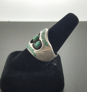 Vintage Navajo Shadow Box deep green turquoise sterling silver mens ring - size 12