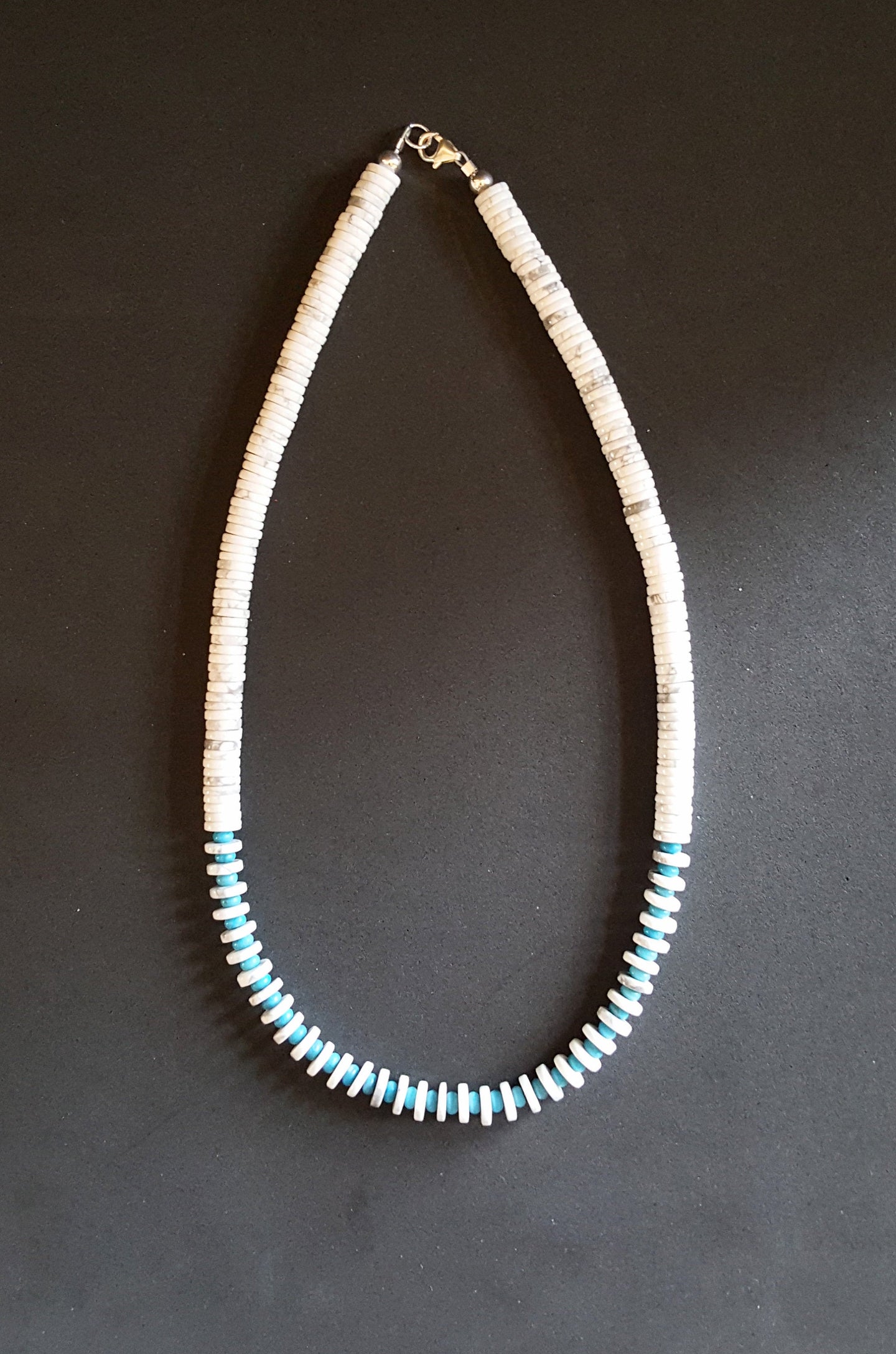 17 inches White Buffalo turquoise Kingman turquoise beaded necklace  - sterling silver closure