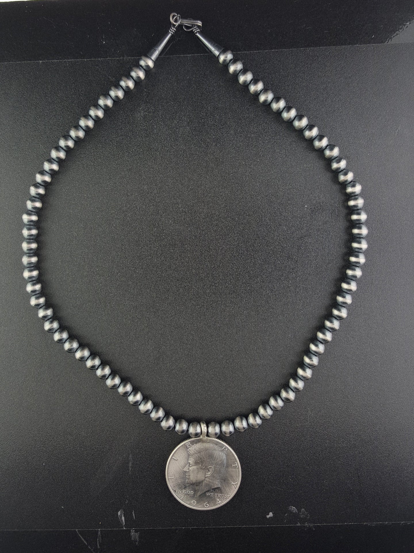 16 inches Navajo pearl sterling silver necklace 1964 Kennedy Half Dollar pendant