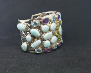 Natural Larimar Amethyst Blue Topaz Peridot sterling silver cuff bracelet