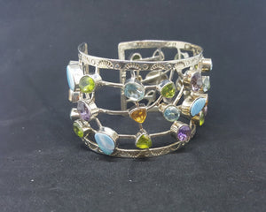 Natural Opal Amethyst Blue Topaz Citrine Peridot sterling silver cuff bracelet