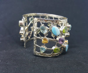 Natural Opal Amethyst Blue Topaz Citrine Peridot sterling silver cuff bracelet