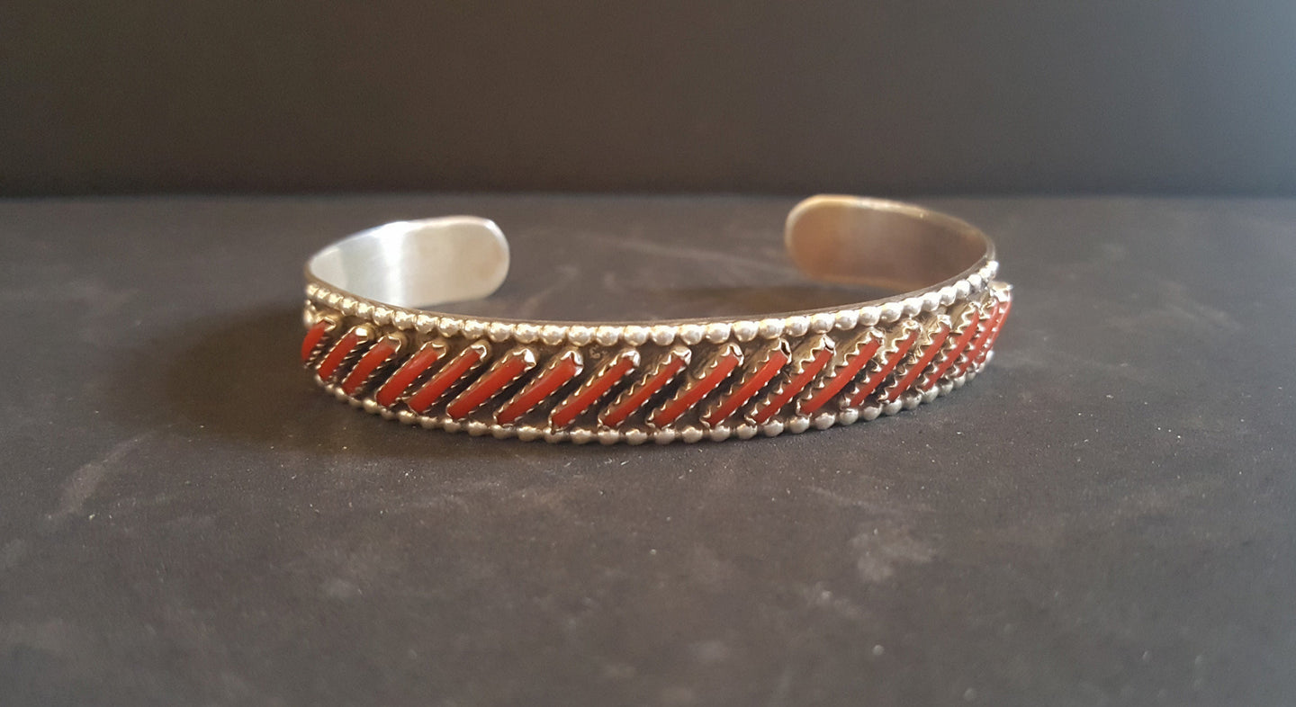 Zuni angle petit point Red Coral sterling silver cuff bracelet - vintage