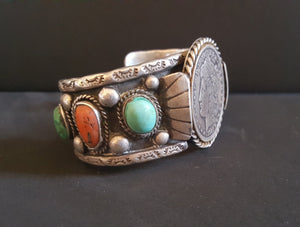 1921 Morgan Silver Coin Kingman turquoise Coral sterling silver cuff bracelet - vintage