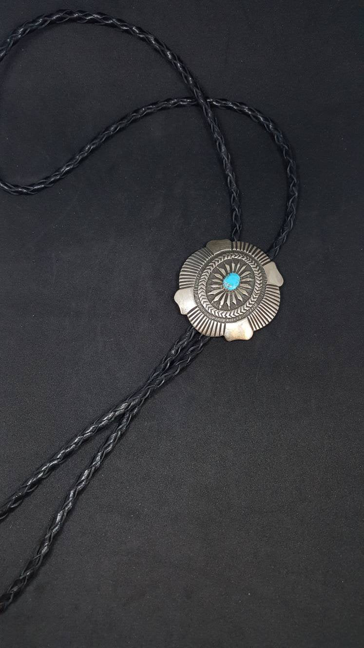 Navajo Turquoise oval Sterling silver bolo tie - Leon Martinez