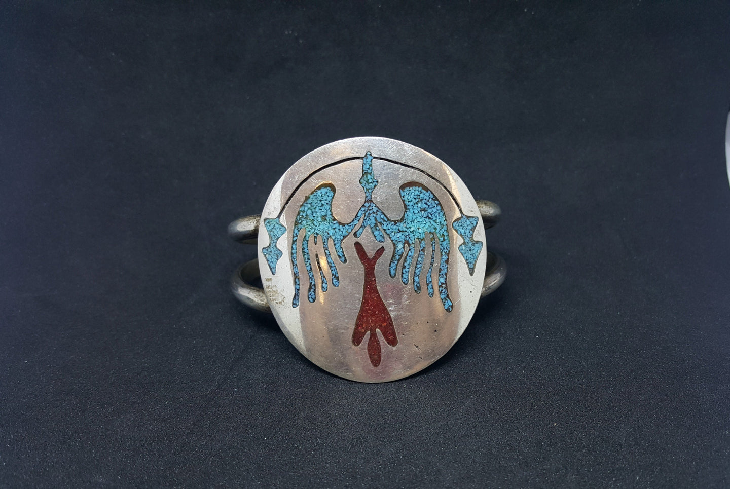 Micro chip Inlay Turquoise Red Coral Peyote Bird sterling silver cuff bracelet - VINTAGE