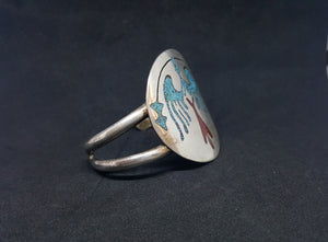 Micro chip Inlay Turquoise Red Coral Peyote Bird sterling silver cuff bracelet - VINTAGE