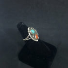 size 7.5 VINTAGE Navajo Flower Turquoise Red Coral sterling silver ring