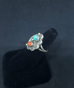 size 7.5 VINTAGE Navajo Flower Turquoise Red Coral sterling silver ring