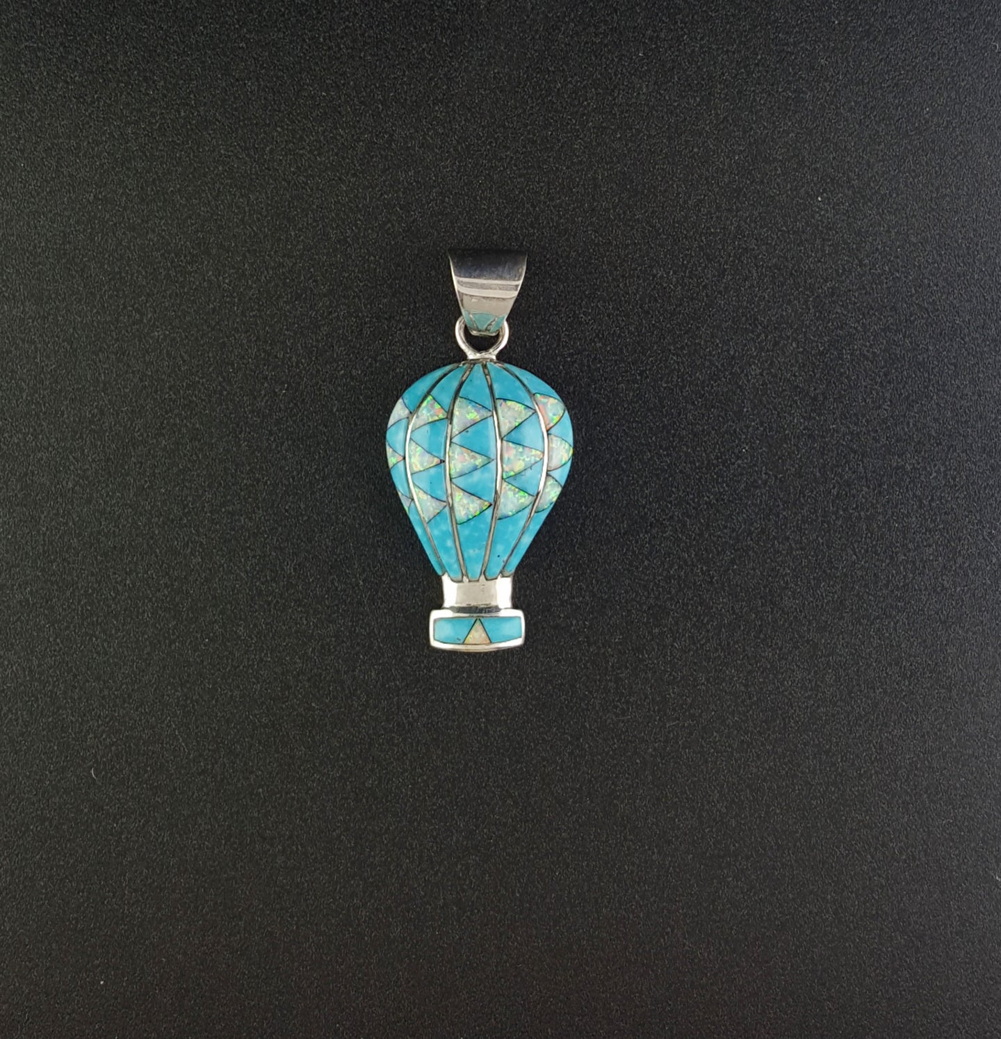 Medium Southwest Hot Air Balloon Inlay turquoise white fire opal sterling silver pendant