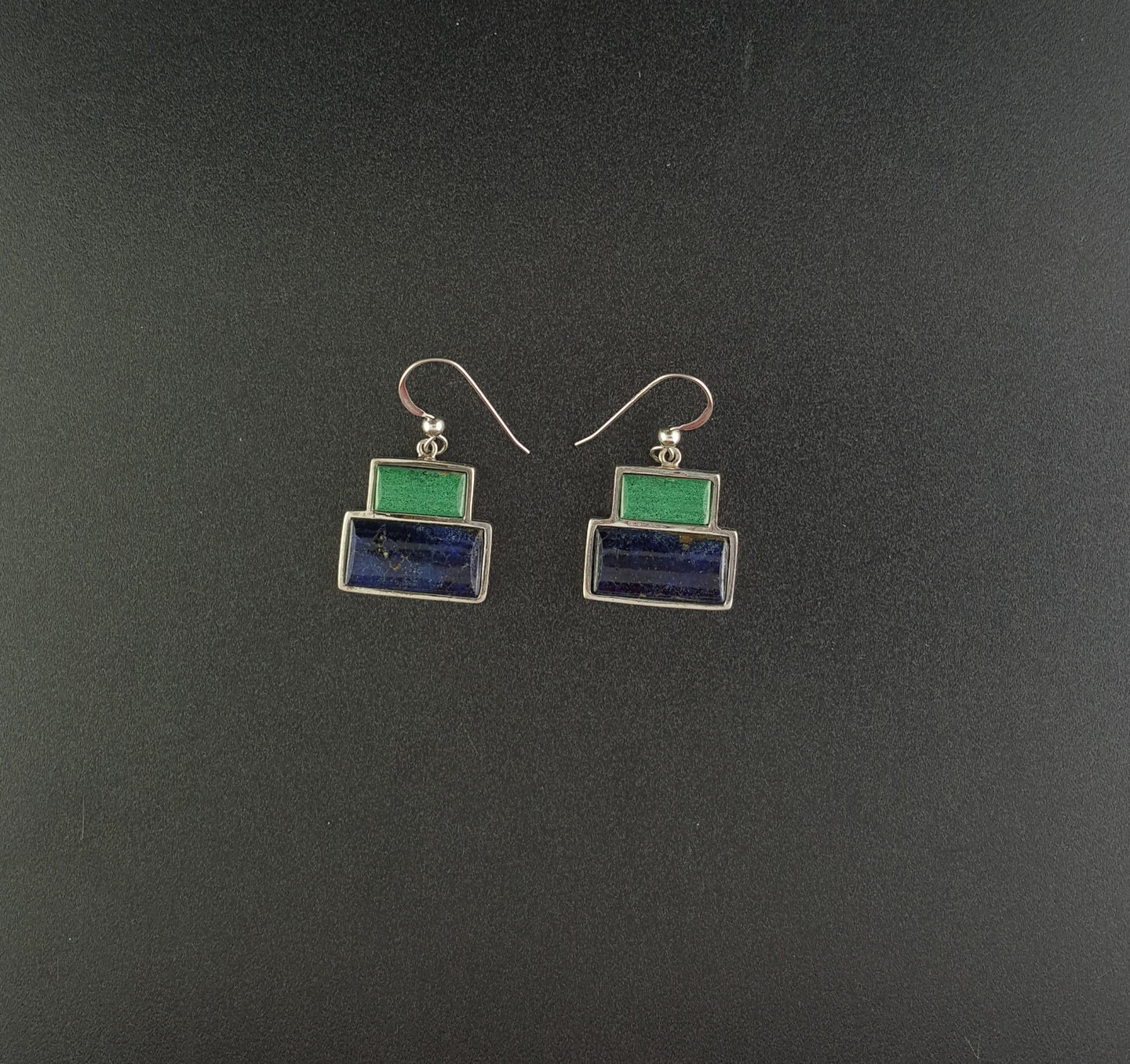 VINTAGE Lapis and Zoisite Box design sterling silver dangle earrings