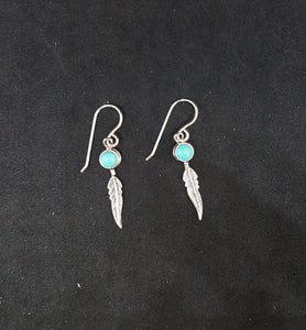 Southwest Feather with 5mm Kingman Turquoise sterling silver dangle earrings