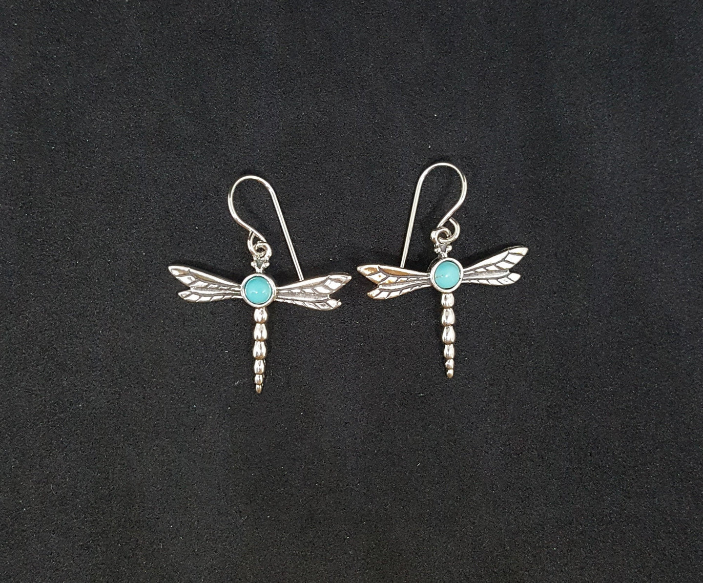Southwest Dragonfly Round 5mm Kingman Turquoise sterling silver dangle earrings