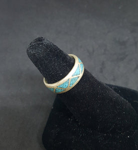 size 9 VINTAGE Micro Chip Inlay Turquoise sterling silver ring