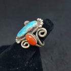 size 7 1/2 VINTAGE Navajo 3 stones Royston Turquoise Red Coral sterling silver ring