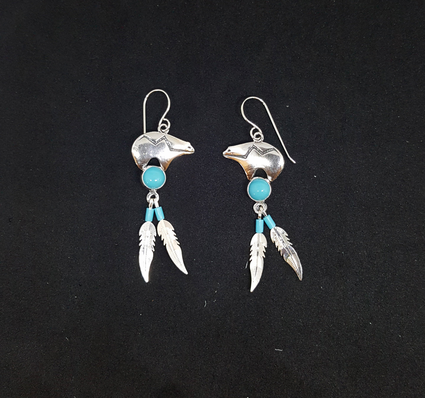 Southwest Zuni bear 6mm Kingman Turquoise two feathers sterling silver dangle earrings