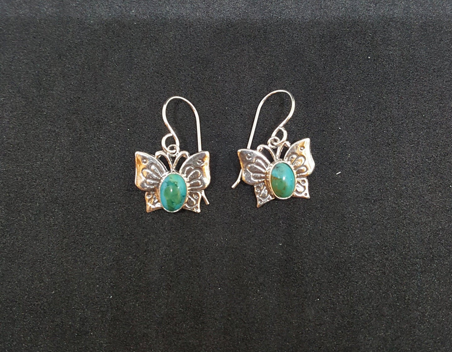 Southwest Butterfly Oval 7x5mm Kingman Turquoise sterling silver dangle earrings