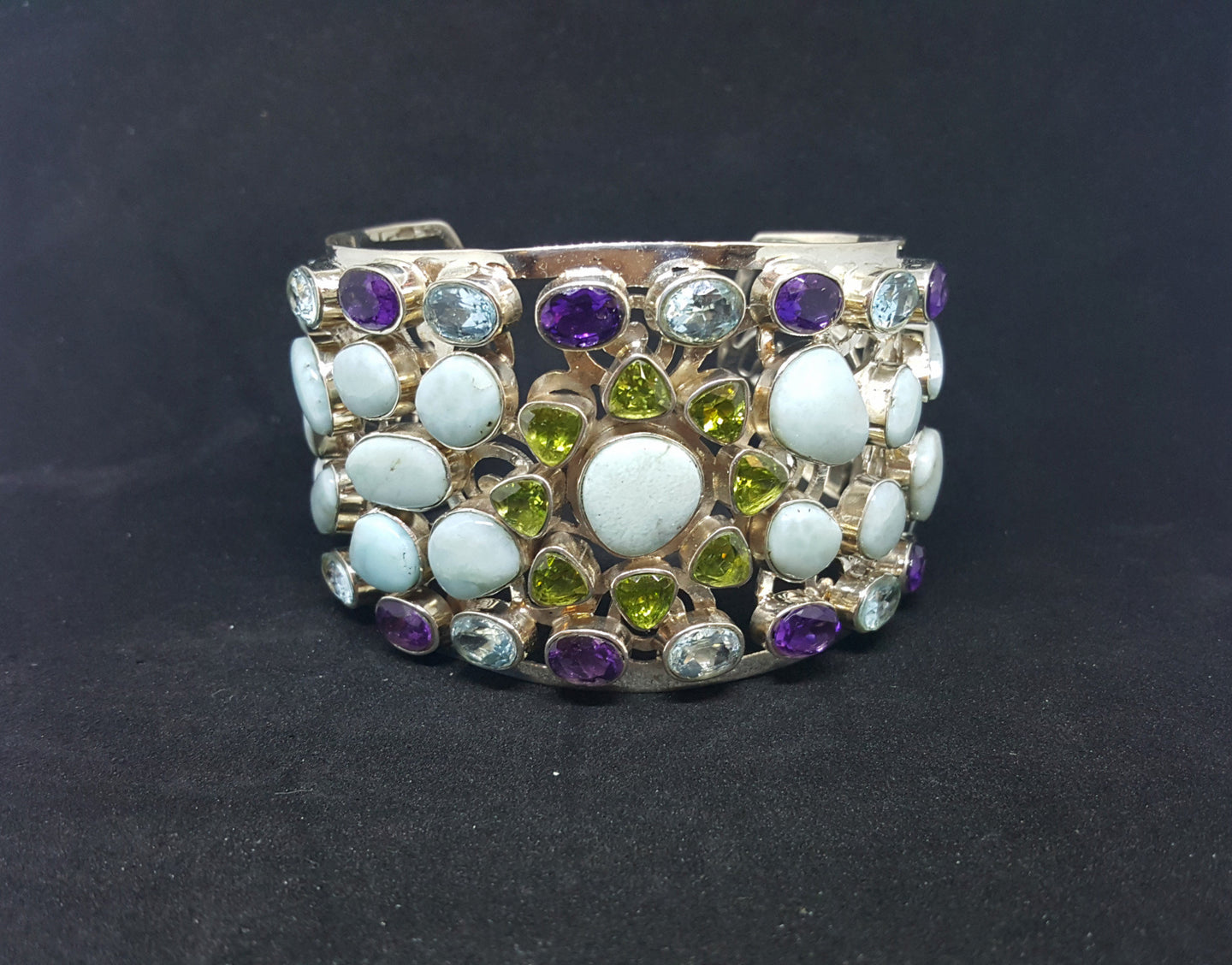 Natural Larimar Amethyst Blue Topaz Peridot sterling silver cuff bracelet