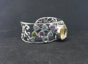 Natural Citrine Amethyst Blue Topaz Peridot sterling silver cuff bracelet