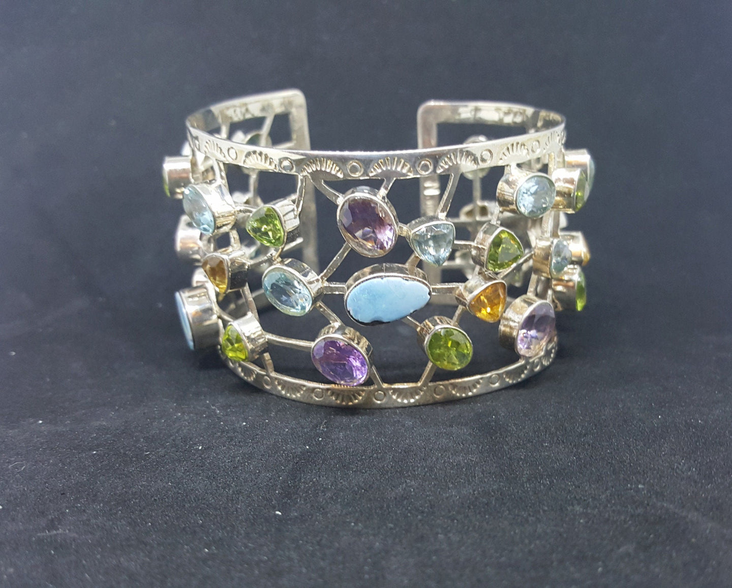 Natural Opal Amethyst Blue Topaz Citrine Peridot sterling silver cuff bracelet