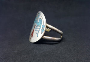 Micro chip Inlay Turquoise Red Coral Peyote Bird sterling silver cuff bracelet - VINTAGE