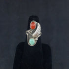 size 6.5 VINTAGE Navajo Leaf Feather Turquoise Red Coral sterling silver ring