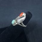 size 6.5 VINTAGE Navajo Leaf Feather Turquoise Red Coral sterling silver ring