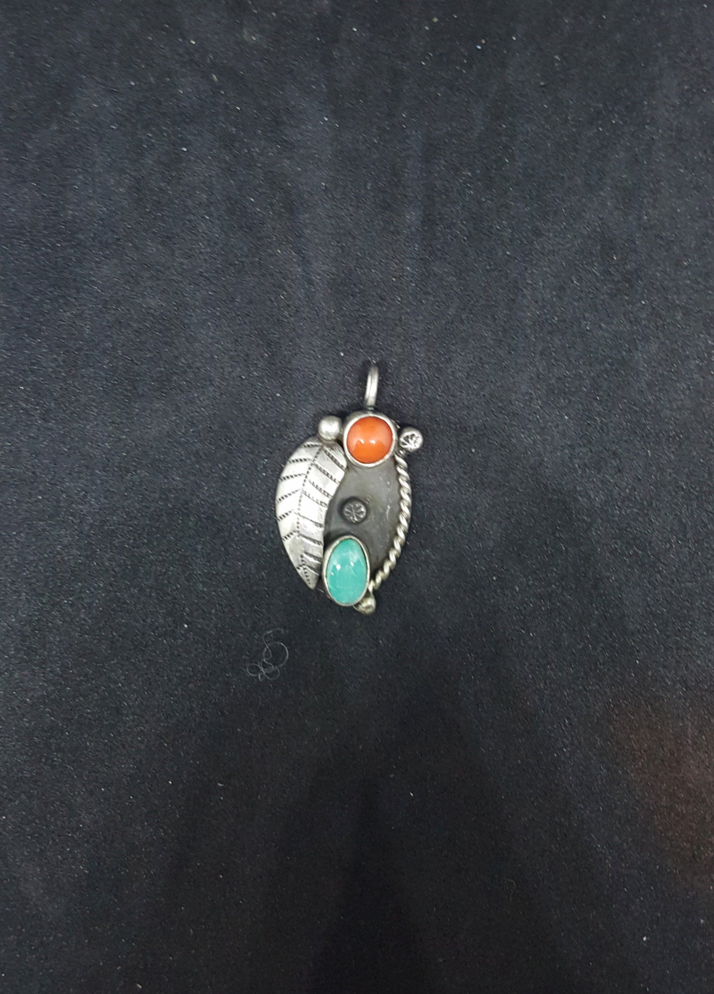 vintage Navajo leaf turquoise coral sterling silver pendant