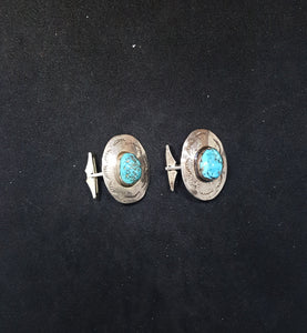 vintage Navajo rough Kingman Turquoise sterling silver big oval men's cuff links