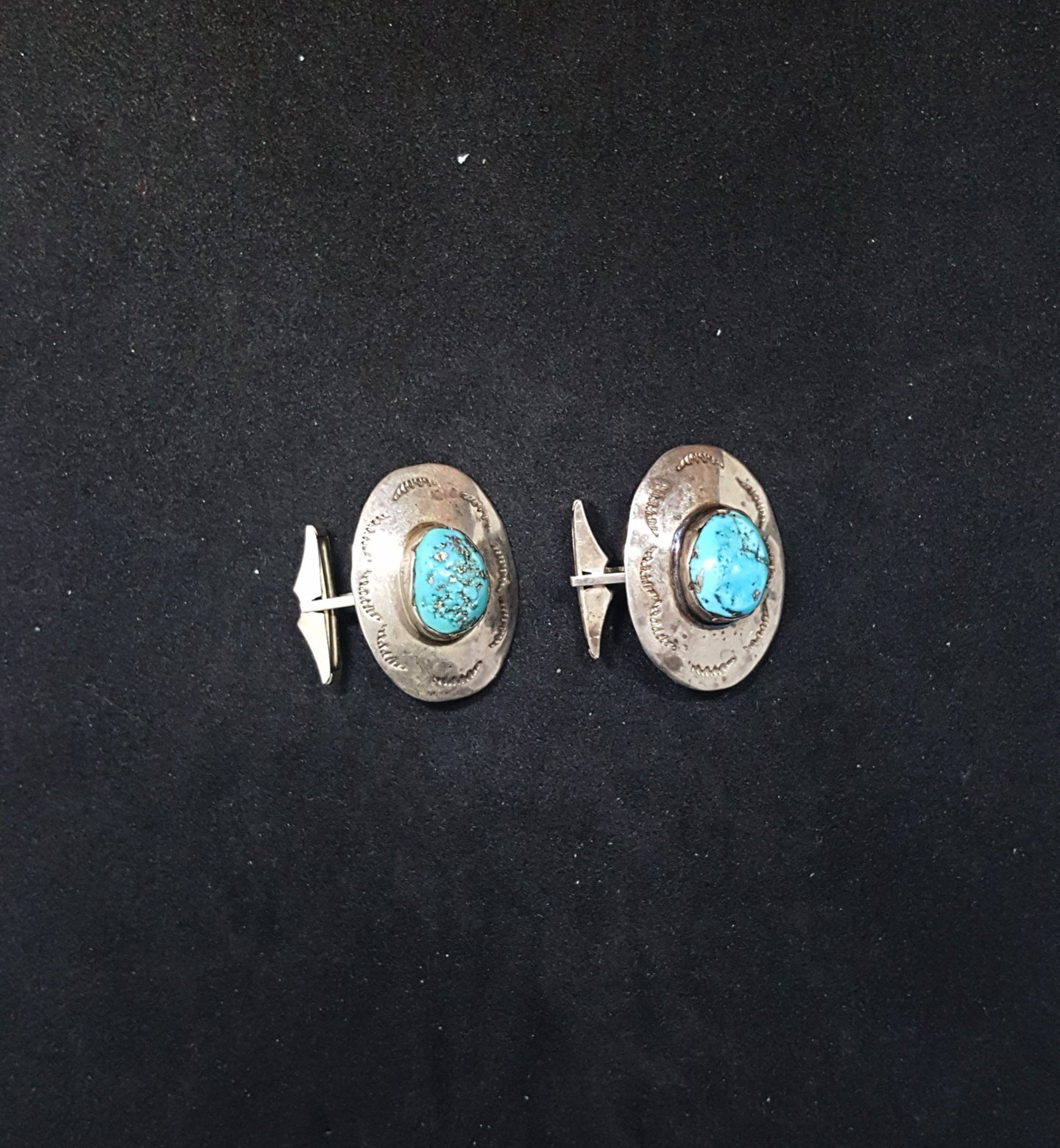 vintage Navajo rough Kingman Turquoise sterling silver big oval men's cuff links