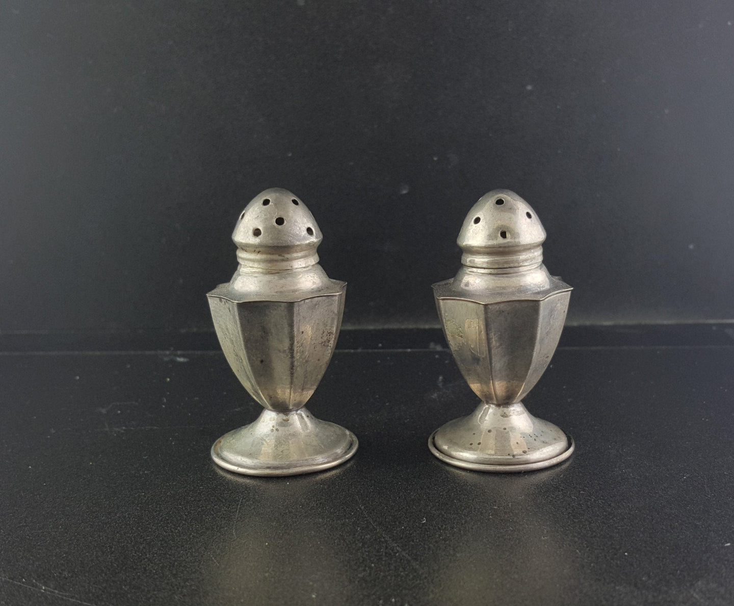 Medium antique bottle salt and pepper sterling silver shaker set - vintage