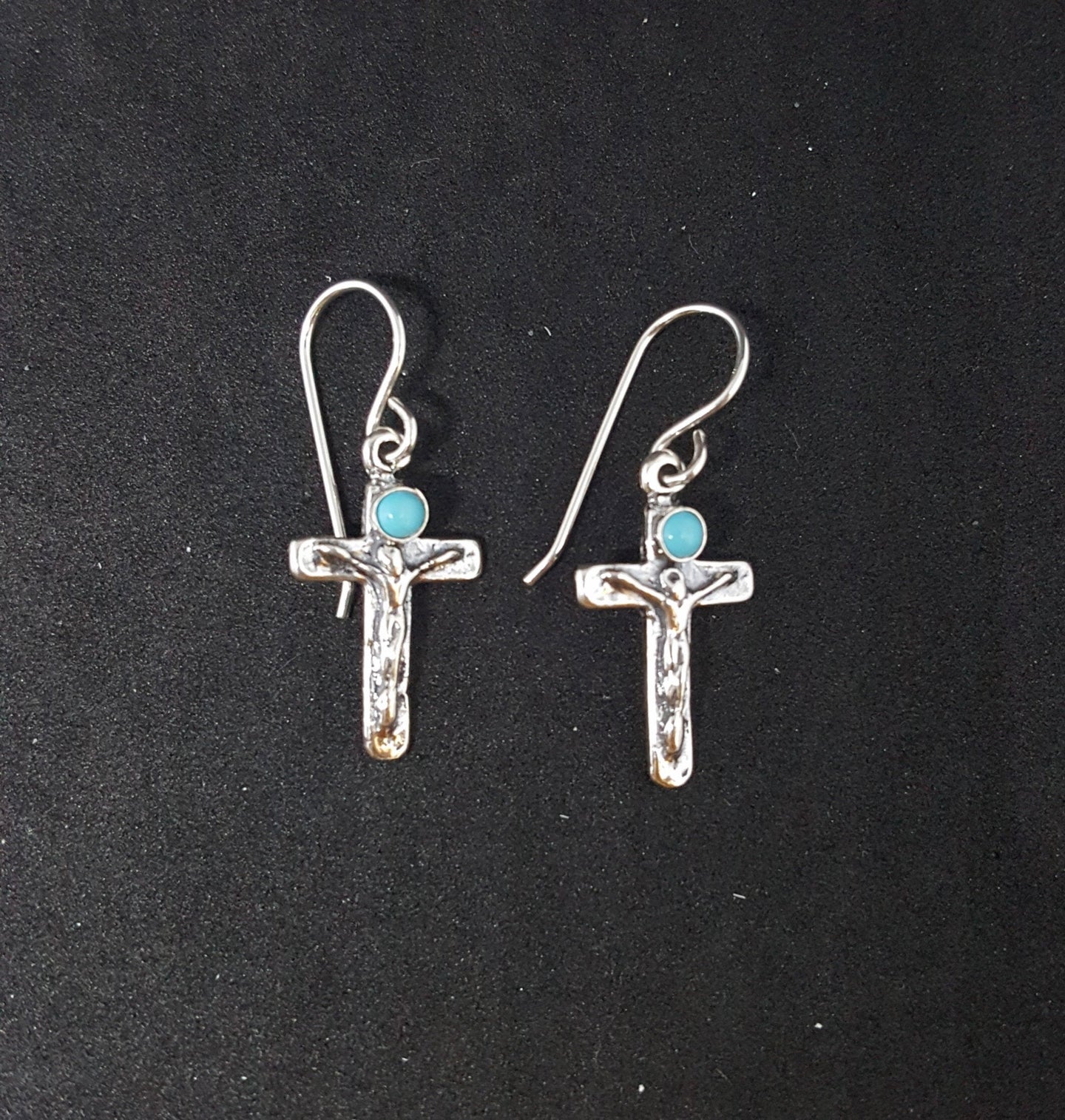 Southwest Jesus Christ Crucifix Cross 3mm Kingman Turquoise sterling silver dangle earrings
