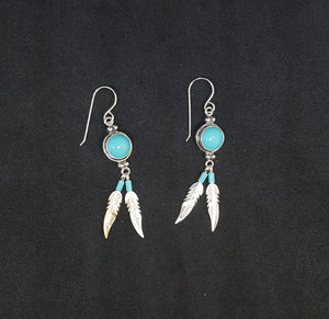 Southwest Two Feathers Round 8mm Kingman Turquoise sterling silver dangle earrings