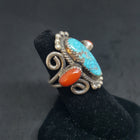 size 7 1/2 VINTAGE Navajo 3 stones Royston Turquoise Red Coral sterling silver ring