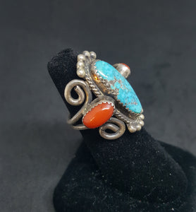 size 7 1/2 VINTAGE Navajo 3 stones Royston Turquoise Red Coral sterling silver ring