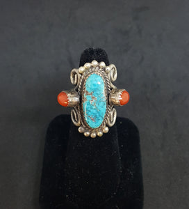 size 7 1/2 VINTAGE Navajo 3 stones Royston Turquoise Red Coral sterling silver ring